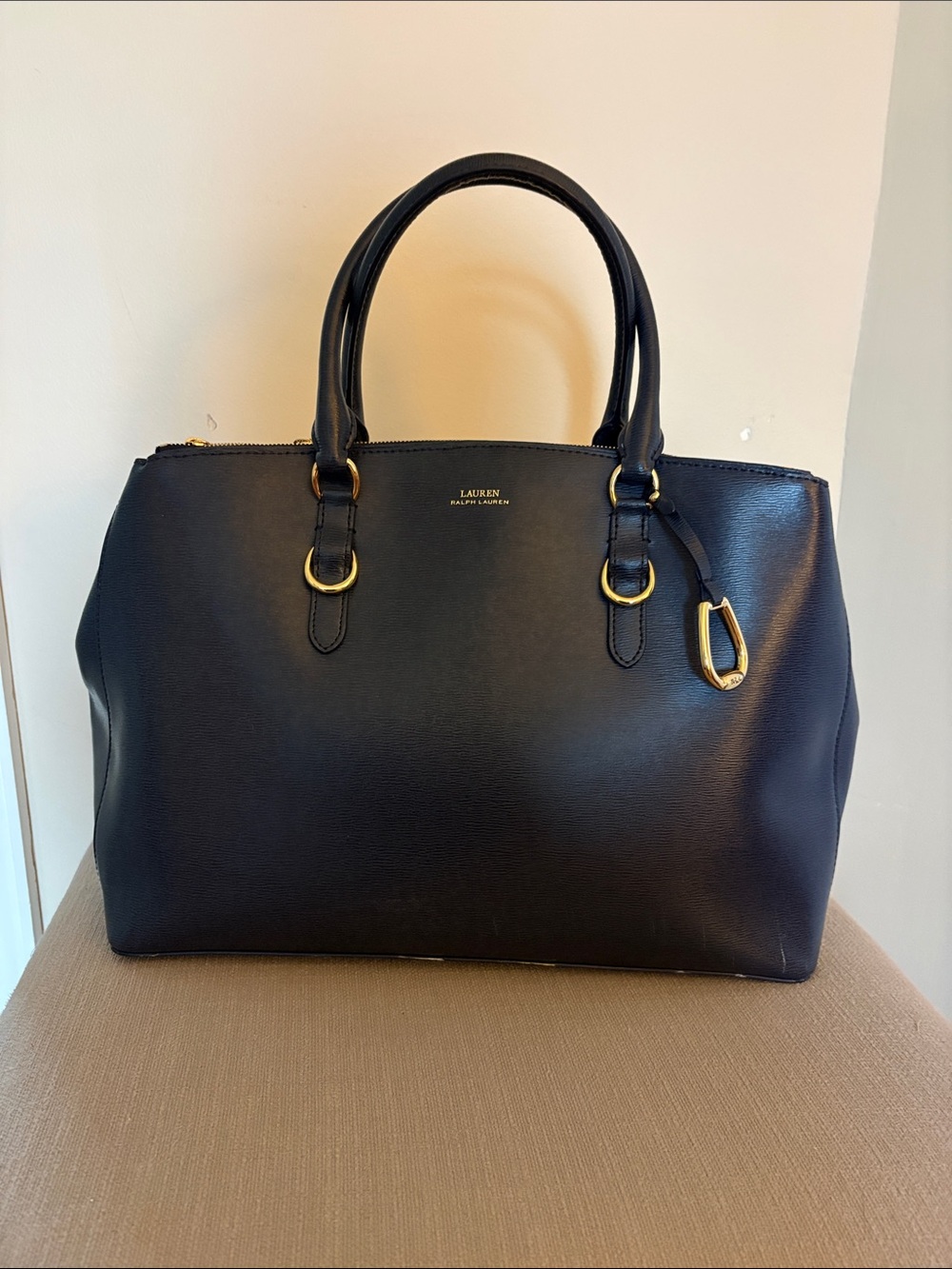Lauren Ralph Lauren Black Leather Top-Handle Satchel with Gold Hardware